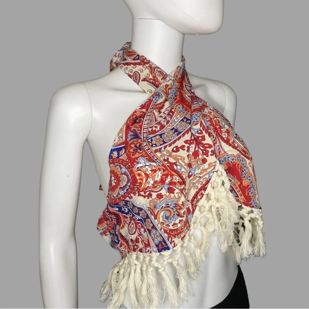SHEIN‎ Bohemian Paisley Print Neck Tie With Tassels Blouse